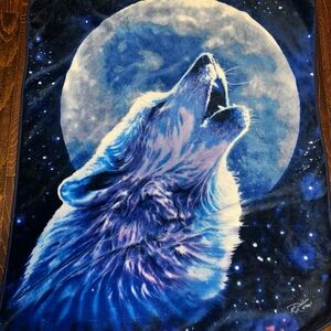 90s Y2K Northwest Blue Moon Wolf Howling Thick Plush Blanket 48” X 60”